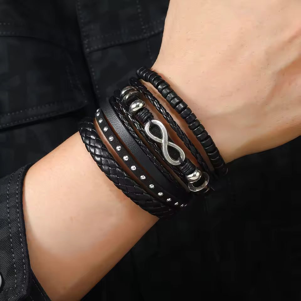 4Pcs/ Set Braided Wrap Leather Bracelets for Men Vintage Life Tree Rudder Charm Wood Beads