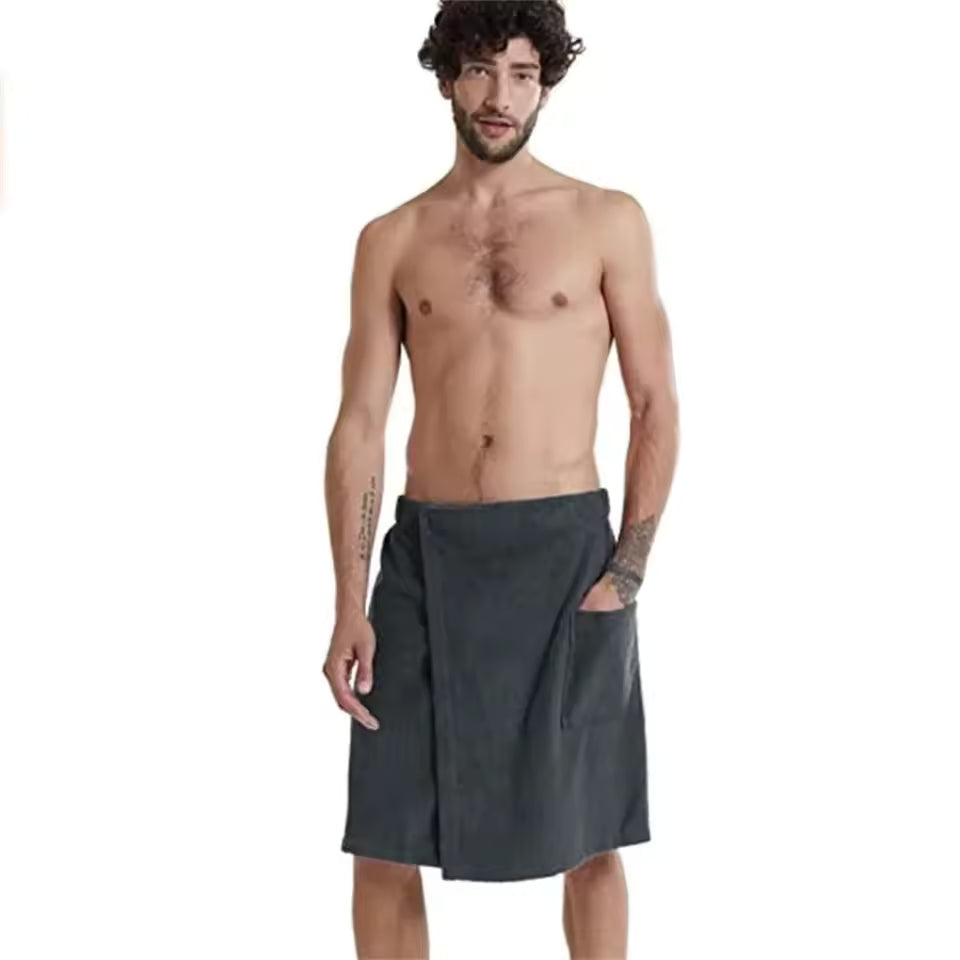 Men Soft Wearable Bath Towel with Pocket Bathrobes Shower Wrap Sauna Gym Swimming
