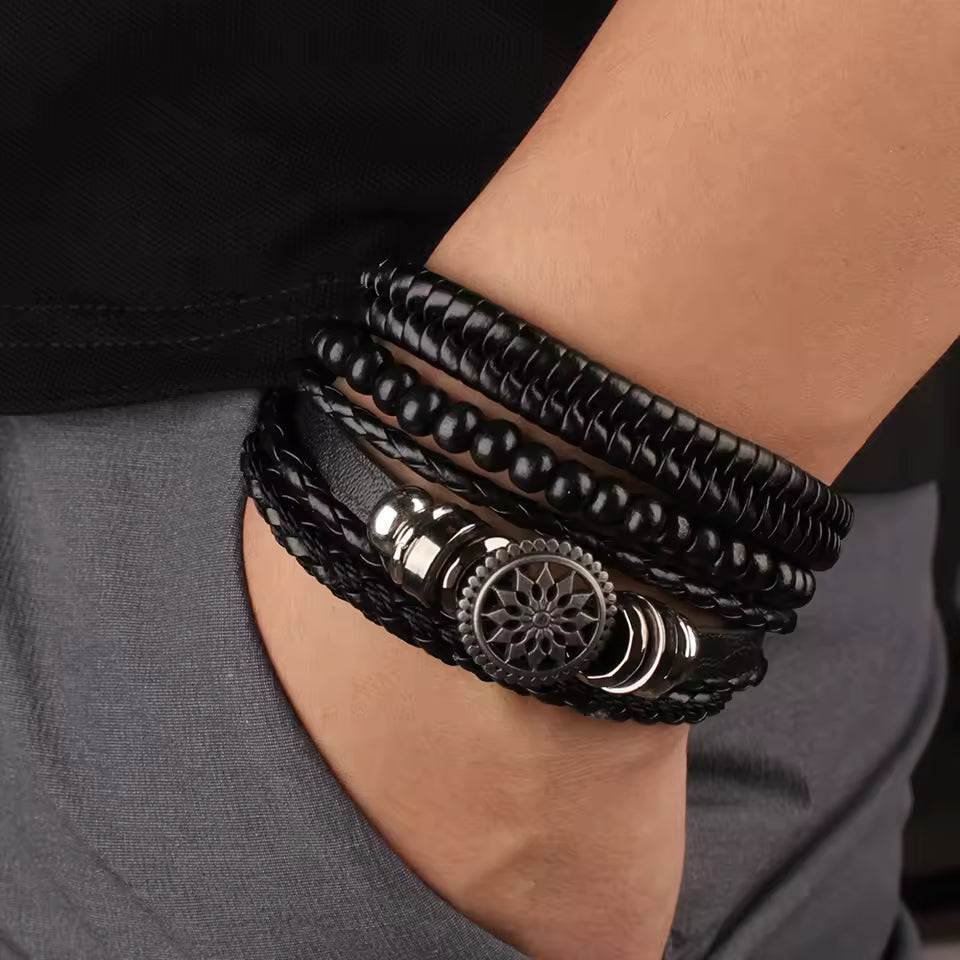 4Pcs/ Set Braided Wrap Leather Bracelets for Men Vintage Life Tree Rudder Charm Wood Beads