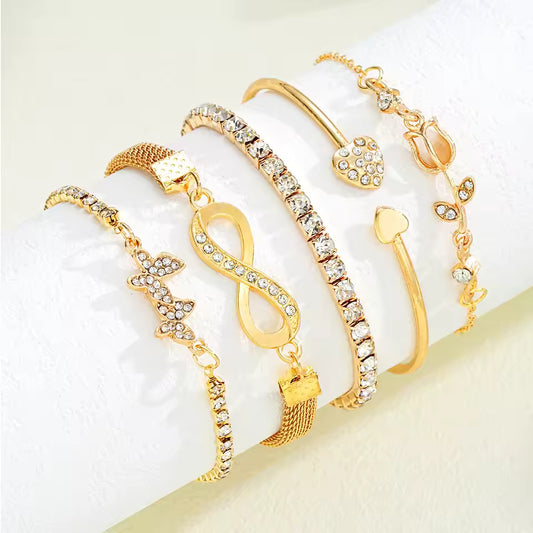 5pcs Exquisite Gold Color Butterfly Bracelet Set For Women Vintage Rhinestone Heart Infinity Cuff