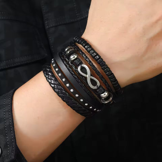 4Pcs/ Set Braided Wrap Leather Bracelets for Men Vintage Life Tree Rudder Charm Wood Beads